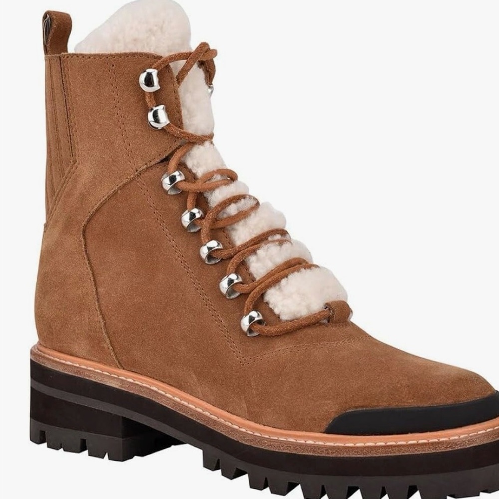 Marc Fisher Tan Suede Lace-Up Shearling-Trim Ankle Boot